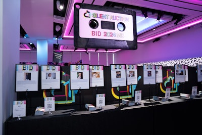 To help draw attention to the silent auction offerings, Ed Libby & Company Events custom-built a giant cassette tape that hung over the table. Auction items included a luxe seafood dinner for 12 at Estela and a pasta tasting menu for 18 at Don’s Next Door, Don Angie’s private dining room.