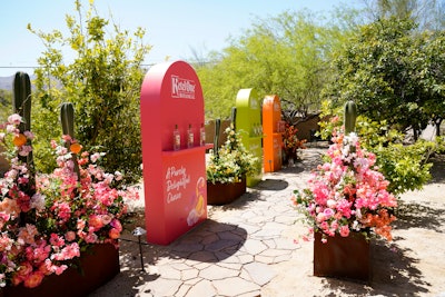 Another cheery activation that matched its floral design to its products was Ketel One Botanical's Spritz Oasis party. Throughout the flower-filled daytime gathering, guests were invited to try cocktails based on the brand's three varietals—peach and orange blossom, grapefruit and rose, and cucumber and mint—which also dictated the event design and color scheme. NVE Experience Agency handled production.