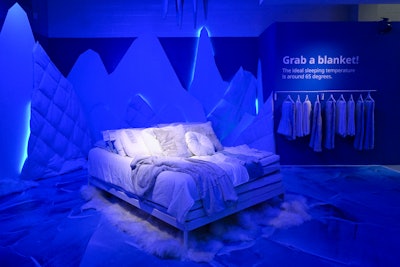 Studies show that people sleep best at about 65 degrees, so IKEA brought that temperature component to life in an icy room—complete with icebergs made from hanging comforters—where guests can immediately feel a chill when they walk in. The space showcases IKEA's new cooling mattress and other cooling products.