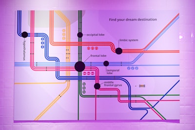 The train station motif continues throughout the space.