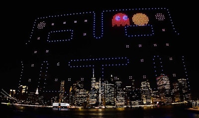 For a 2023 event, Pixis Drones created a massive Pac-Man game in front of the Manhattan skyline using 750 drones. Watch a video here.