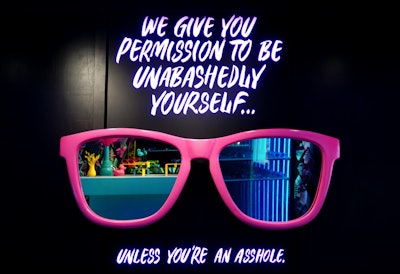 Throughout the store, fun touches and signage evokes the brand’s cheeky marketing and memorable product names (which include Flamingos on a Booze Cruise, Influencers Pay Double, Amelia Earhart Ghosted Me and Mai Tai Me Up Daddy, among others).