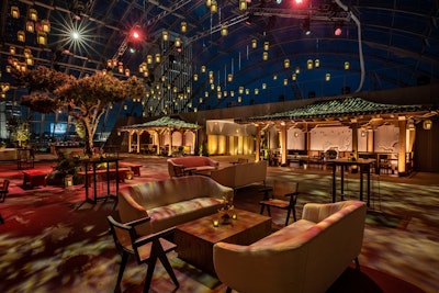 Schubert says lighting was the key to making the venue's large, open terrace feel lush and intimate. 'Our team, led by senior producer Amanda Dodge, takes great pride in every detail—and lighting is one of them,' he said. 'We work tirelessly to make sure the lighting is just the right temperature and the right brightness, highlighting things like food, bars, seating areas, foliage, etc.' He continued, 'We want guests to find nooks to relax and feel comfortable in. It's important to take large spaces and find organic ways to create intimacy and layers.'