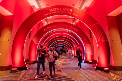 One challenge the VDA team had to overcome was the splitting up of the conference's trade show floor, aka the HUB, into two ballrooms. This arch tunnel—meant to evoke how the modular CrowdStrike platform operates—connected the two sides. 'It was probably the most photographed thing from the whole show,' Breen says. 'That was a super successful way of connecting the two halves of the HUB, and making CrowdStrike's platform the core focus of that connection.'